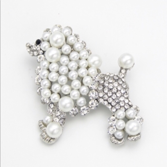 Dog Brooch Poodle White Faux Pearl Silver Tone Pin - Picture 2 of 7